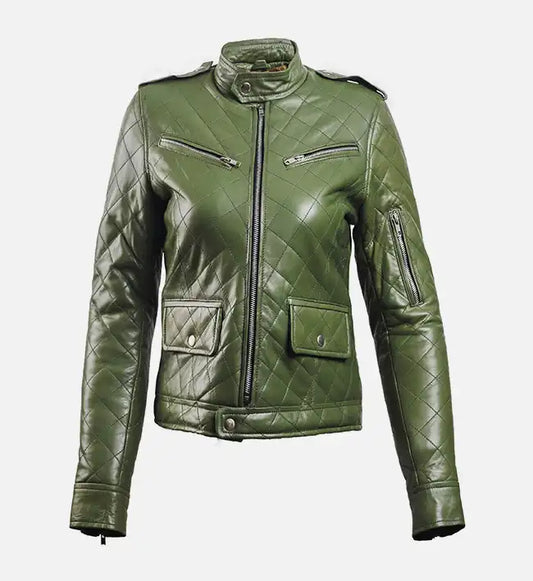 womens puffer green leather jacket
