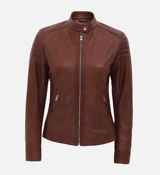 womens quilted brown biker leather jacket
