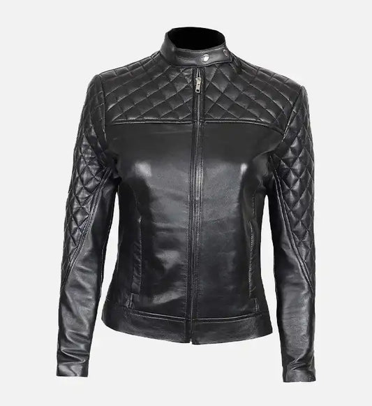 womens quilted cafe racer real leather jacket
