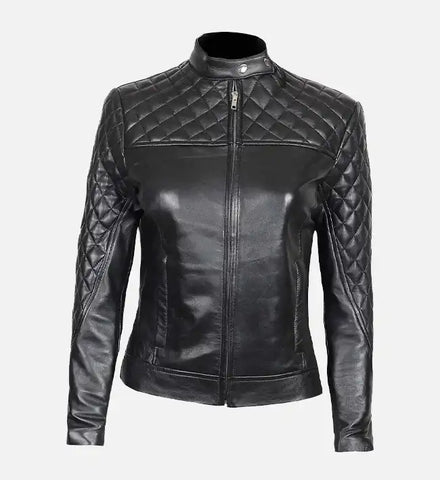 Women's Cafe Racer Slim Fit Quilted Black Leather Jacket