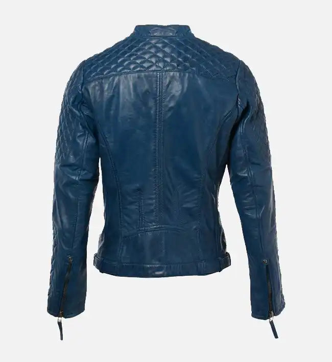 Women’s Short Quilted Shoulder Blue Leather Jacket