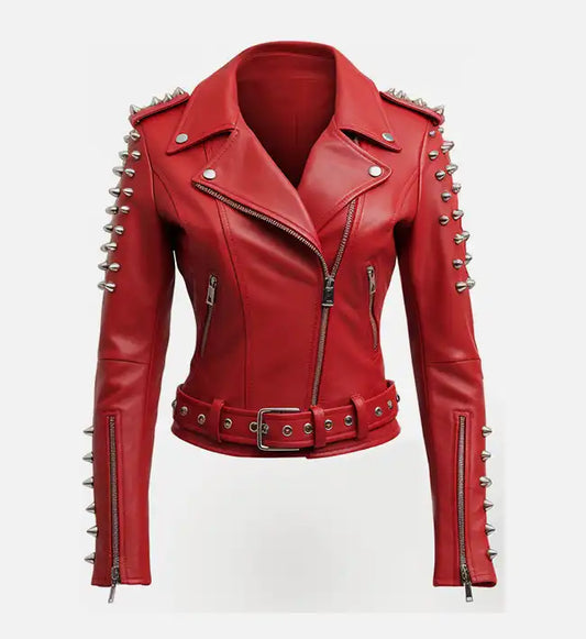 womens red studs biker leather jacket