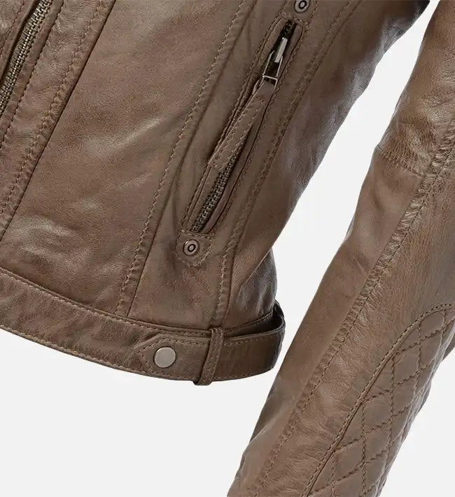 Women’s Short Quilted Shoulder Sand Leather Jacket