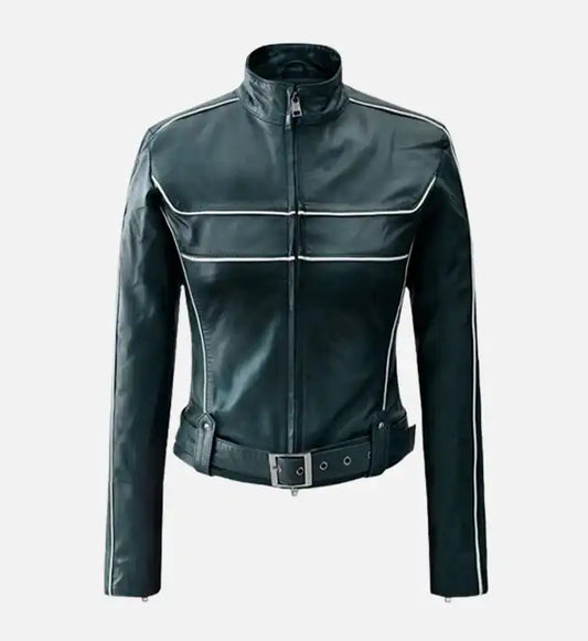 womens soft prussian blue biker jacket
