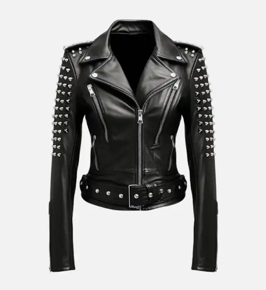 womens stud biker black leather jacket
