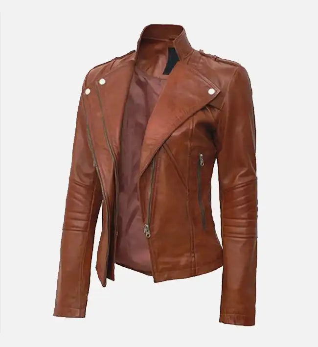 Women's Tan Leather Cafe Racer Jacket