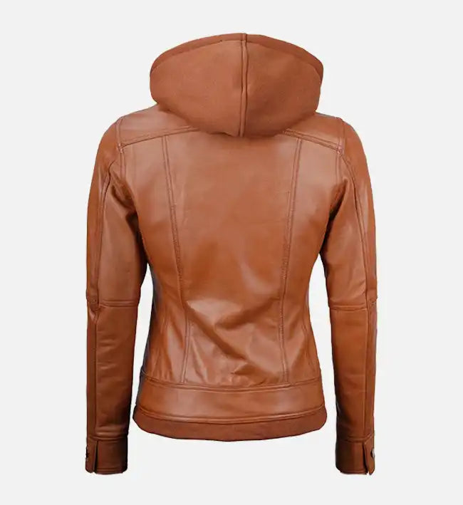 Women's Tan Wax Leather Jacket With Detachable Hood