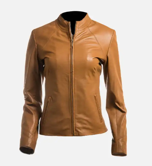 womens short plain zipped leather jacket
