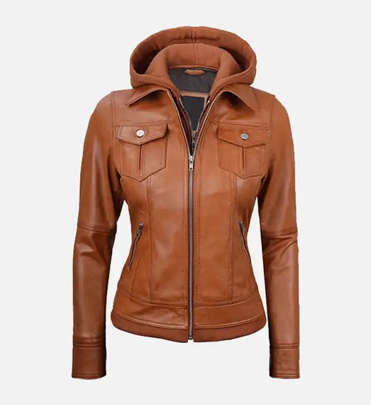 womens tan wax leather jacket with detachable hood
