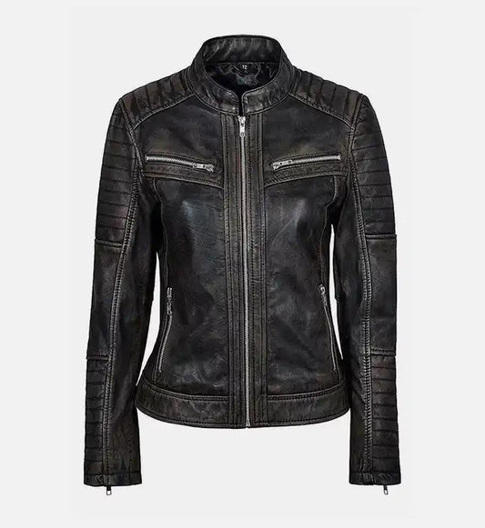 womens black vintage bike leather jacket