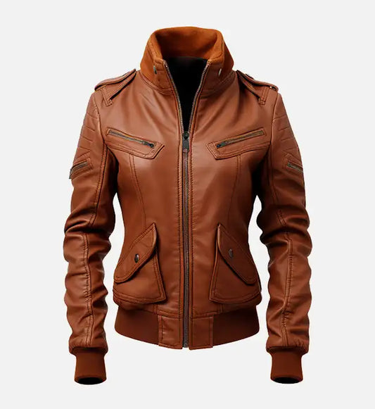 womens vintage brown bomber leather jacket