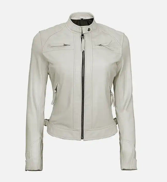 womens white diamond moto style leather jacket
