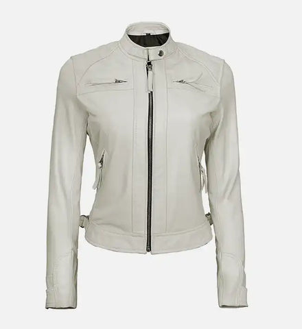 Women's White Diamond Moto Style Leather Jacket