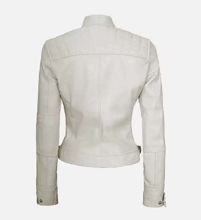 Women's White Diamond Moto Style Leather Jacket