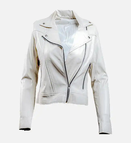 womens biker white leather jacket