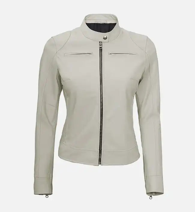 Women's White Leather Cafe Racer Jacket