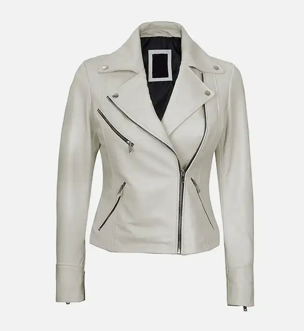 Ladies white leather jacket hotsell