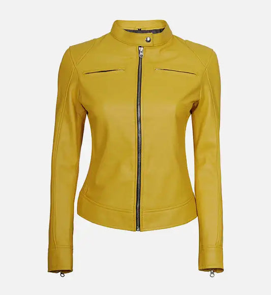 womens yellow cafe racer leather jacket
