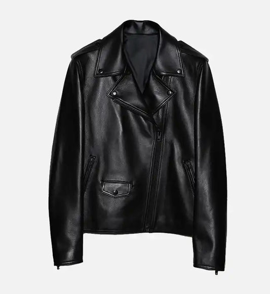 womens all black zipper biker leather jacket