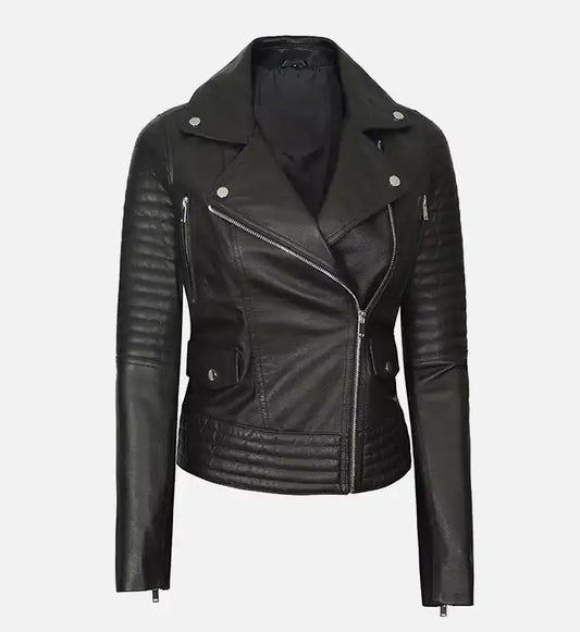 womens asymmetrical black biker leather jacket
