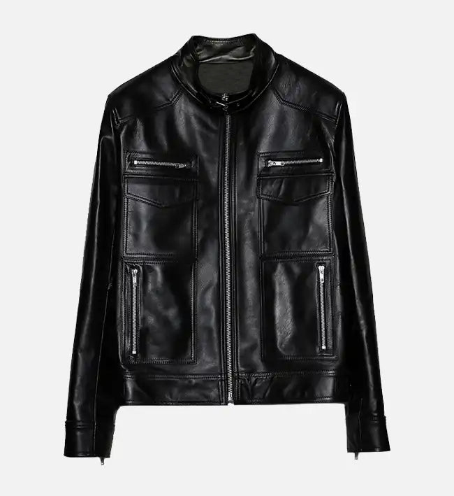 womens band collar biker leather jackets