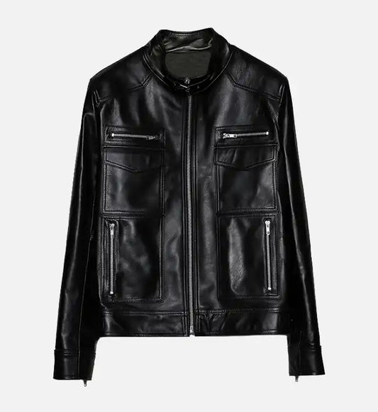 womens band collar biker leather jackets