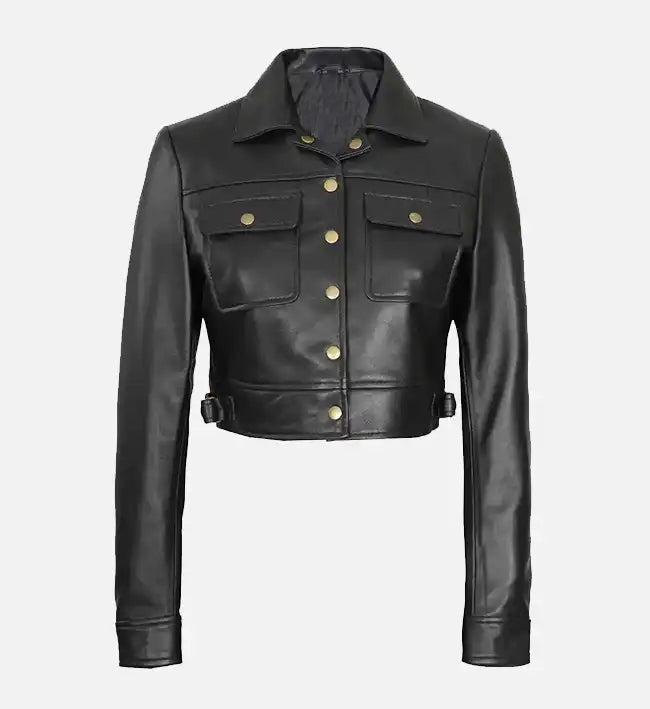 womens black leather trucker cropped jacket