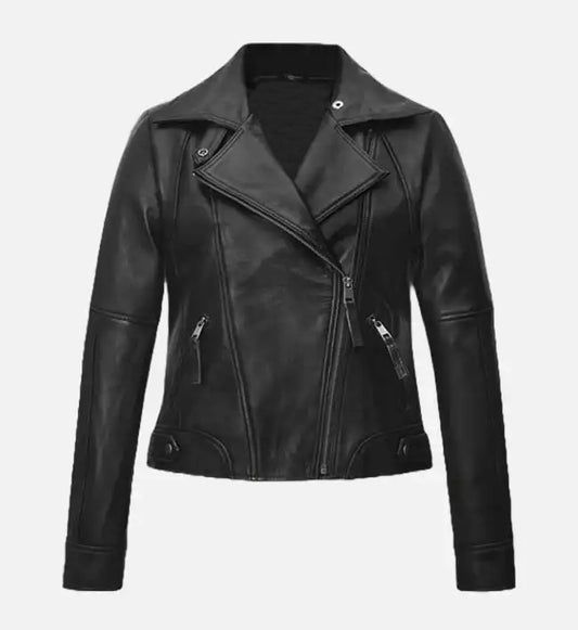 womens black white biker leather jacket