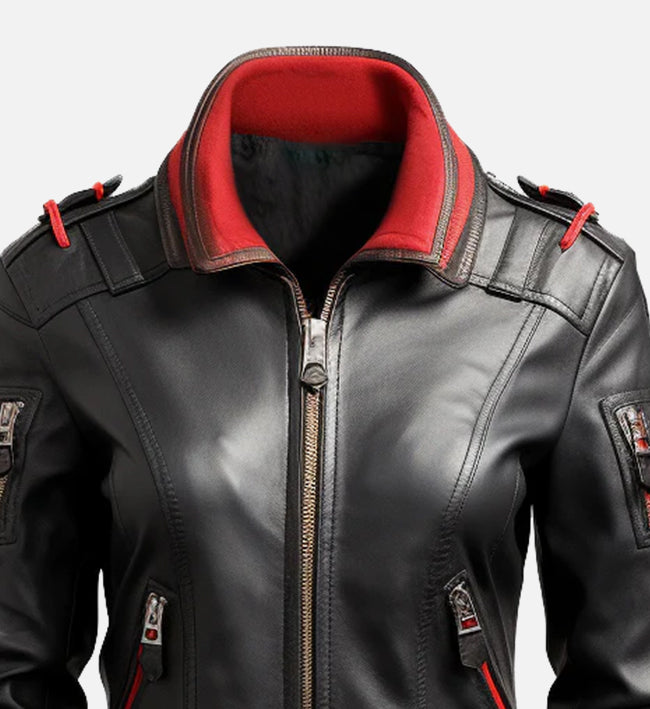 womens bomber jacket black red leather
