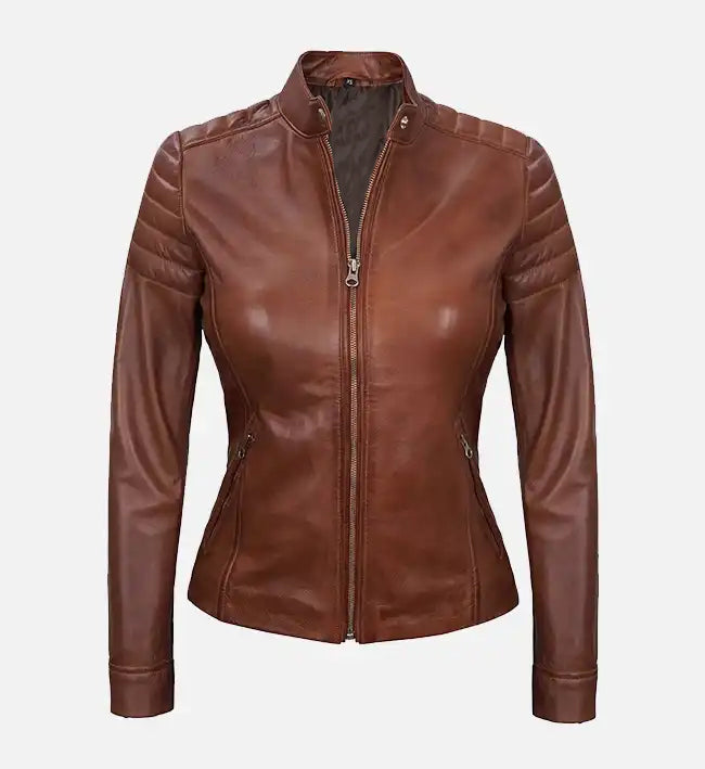 womens brown cafe racer padded leather jacket
