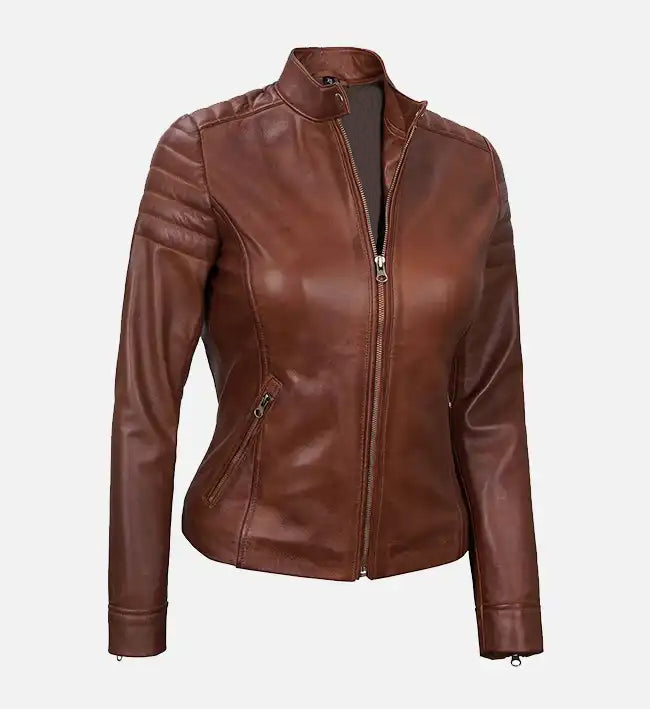 womens brown padded cafe racer leather jacket