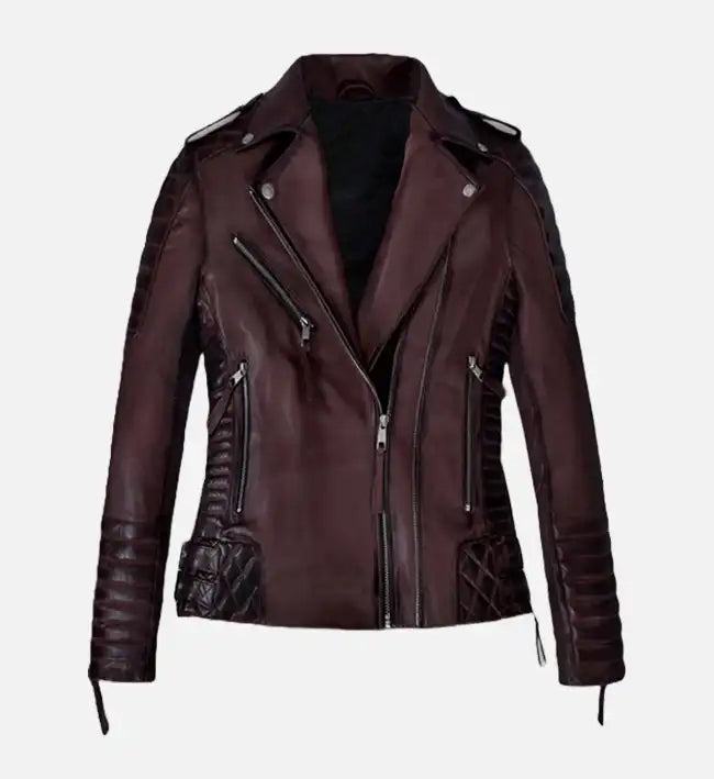 womens burnt wine biker leather jacket
