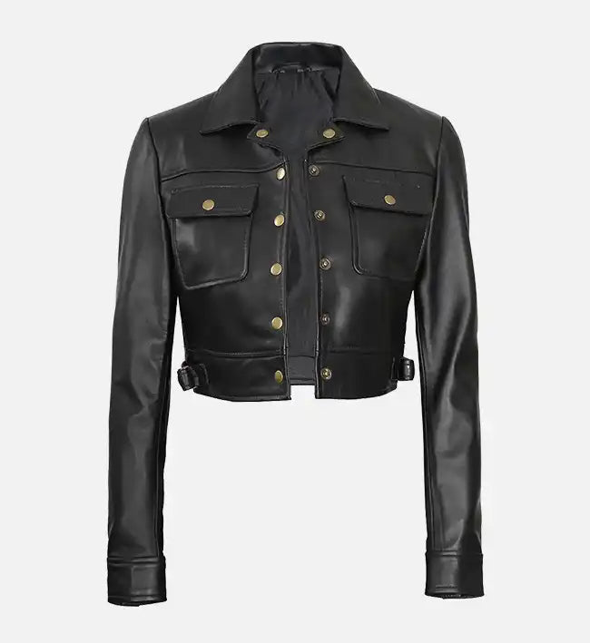 womens cropped black leather trucker jacket
