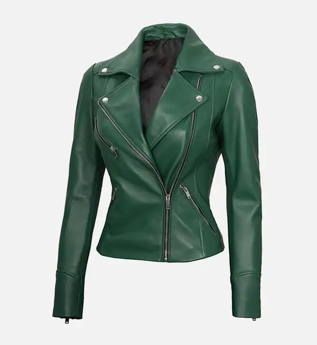 womens green moto style leather jacket