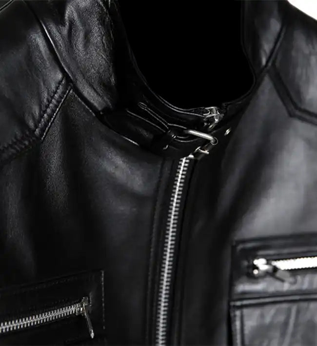 womens leather band collar biker jackets