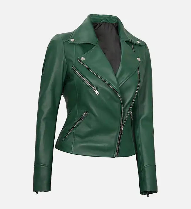 womens leather moto style green jacket