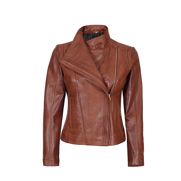 Women's Asymmetrical Tan Biker Leather Jacket - AU LeatherX