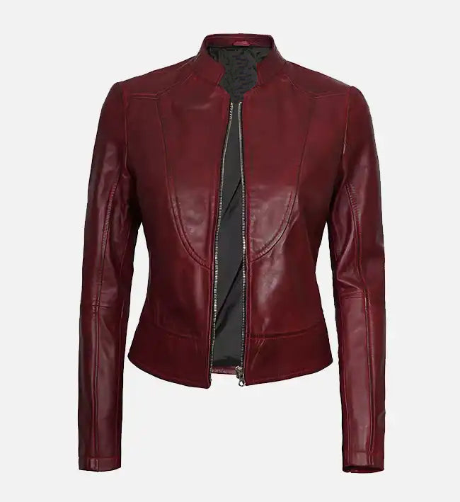 womens maroon biker leather jacket