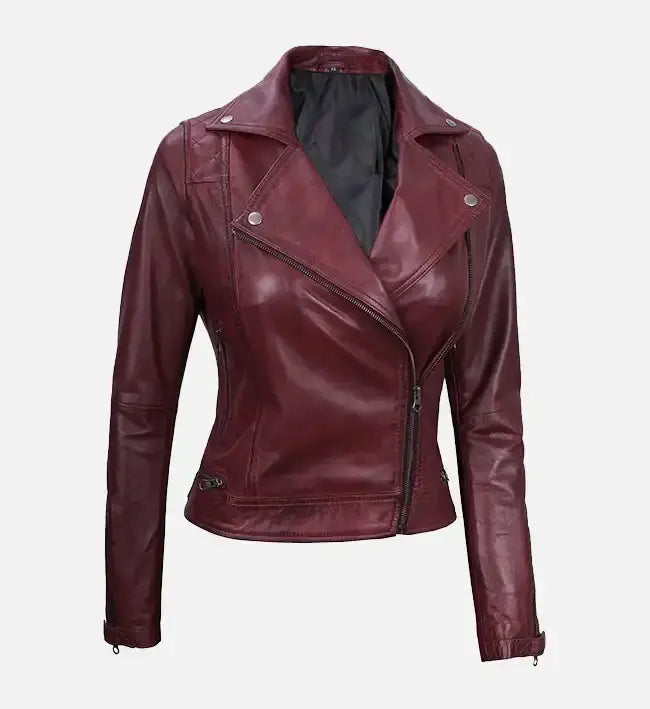 womens maroon quilted motorcycle leather jacket