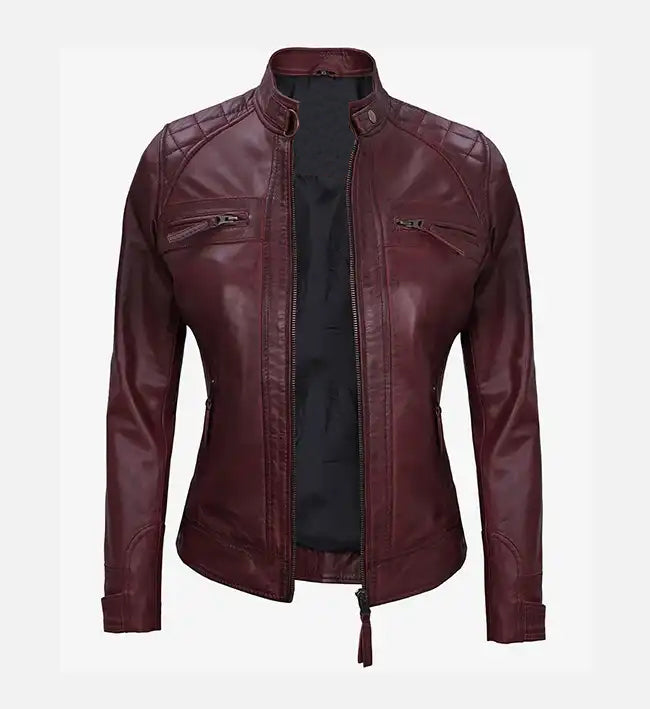 womens maroon real leather motorcycle jacket