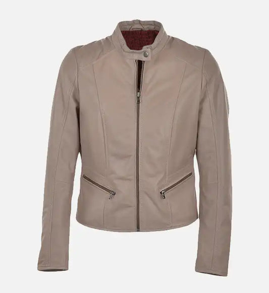 womens moto beige leather jacket
