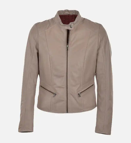 Women’s Simple Moto Beige Leather Jacket