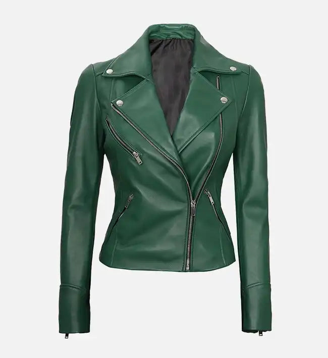 womens moto style green leather jacket