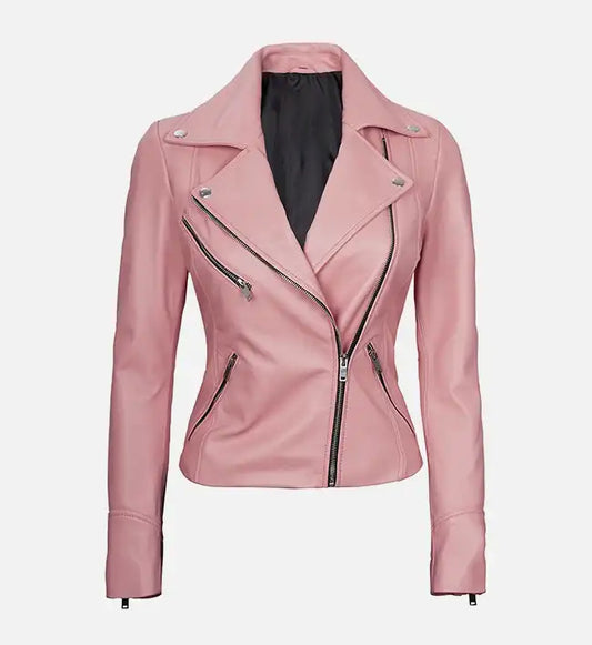 womens moto style pink leather jacket