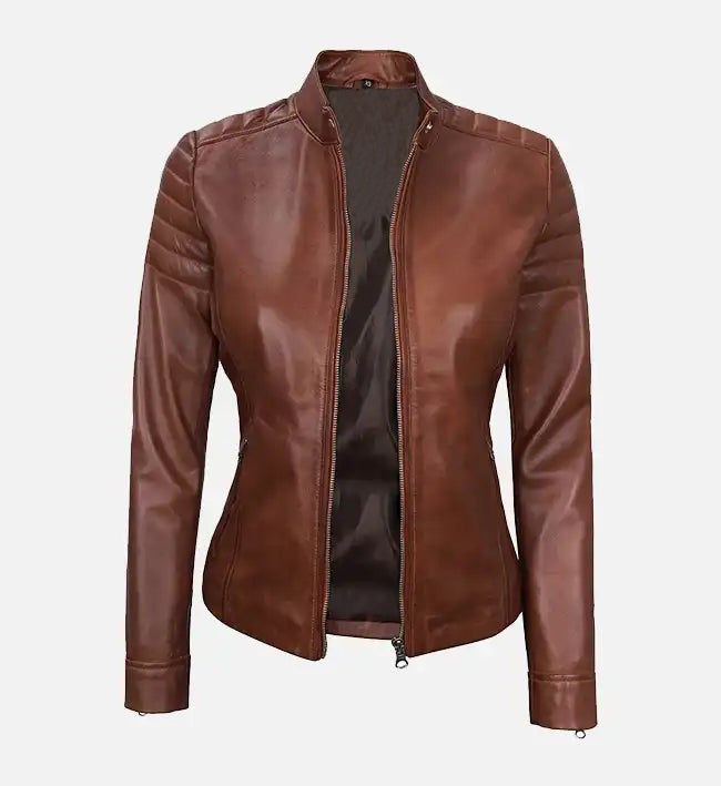 womens padded brown cafe racer leather jacket