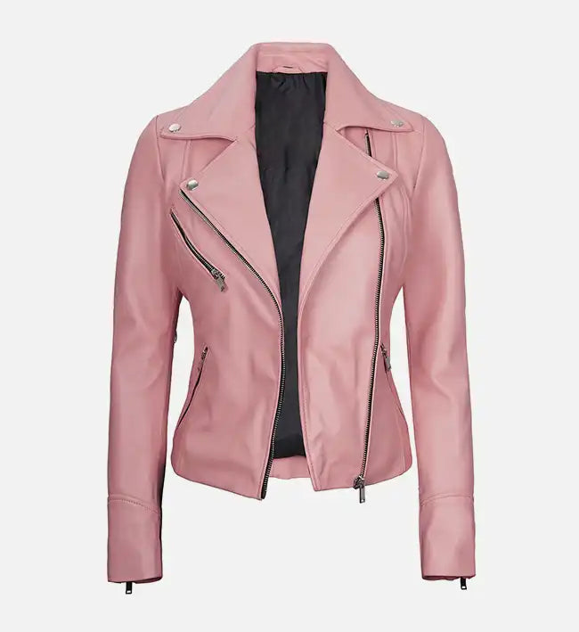 womens pink moto style leather jacket