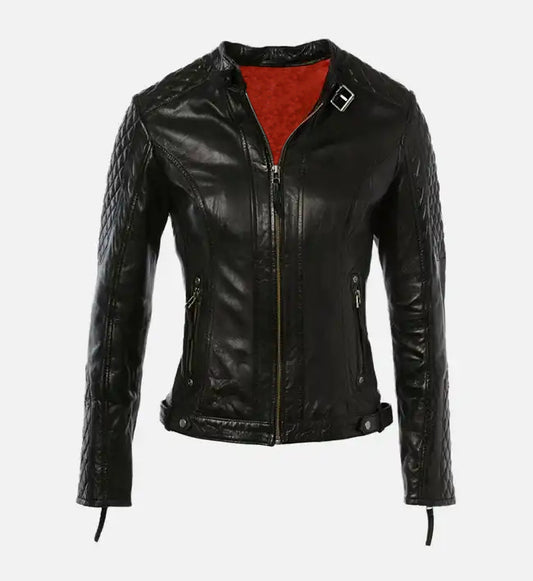 womens quilted shoulder black short leather jacket