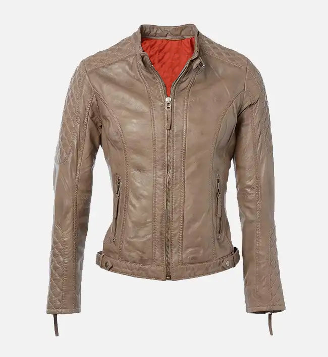 womens quilted shoulder sand short leather jacket
