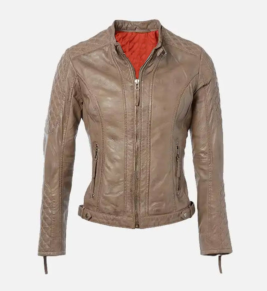 womens quilted shoulder sand short leather jacket