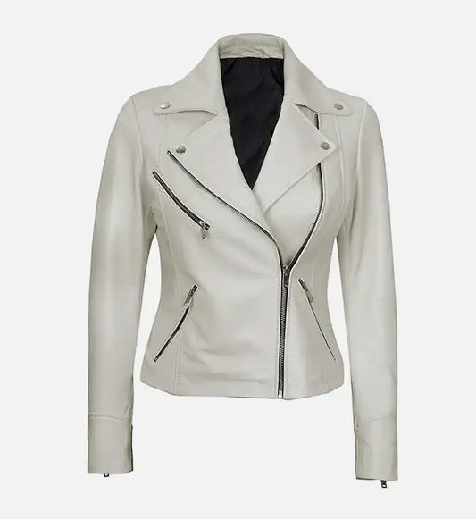 womens white moto style leather jacket